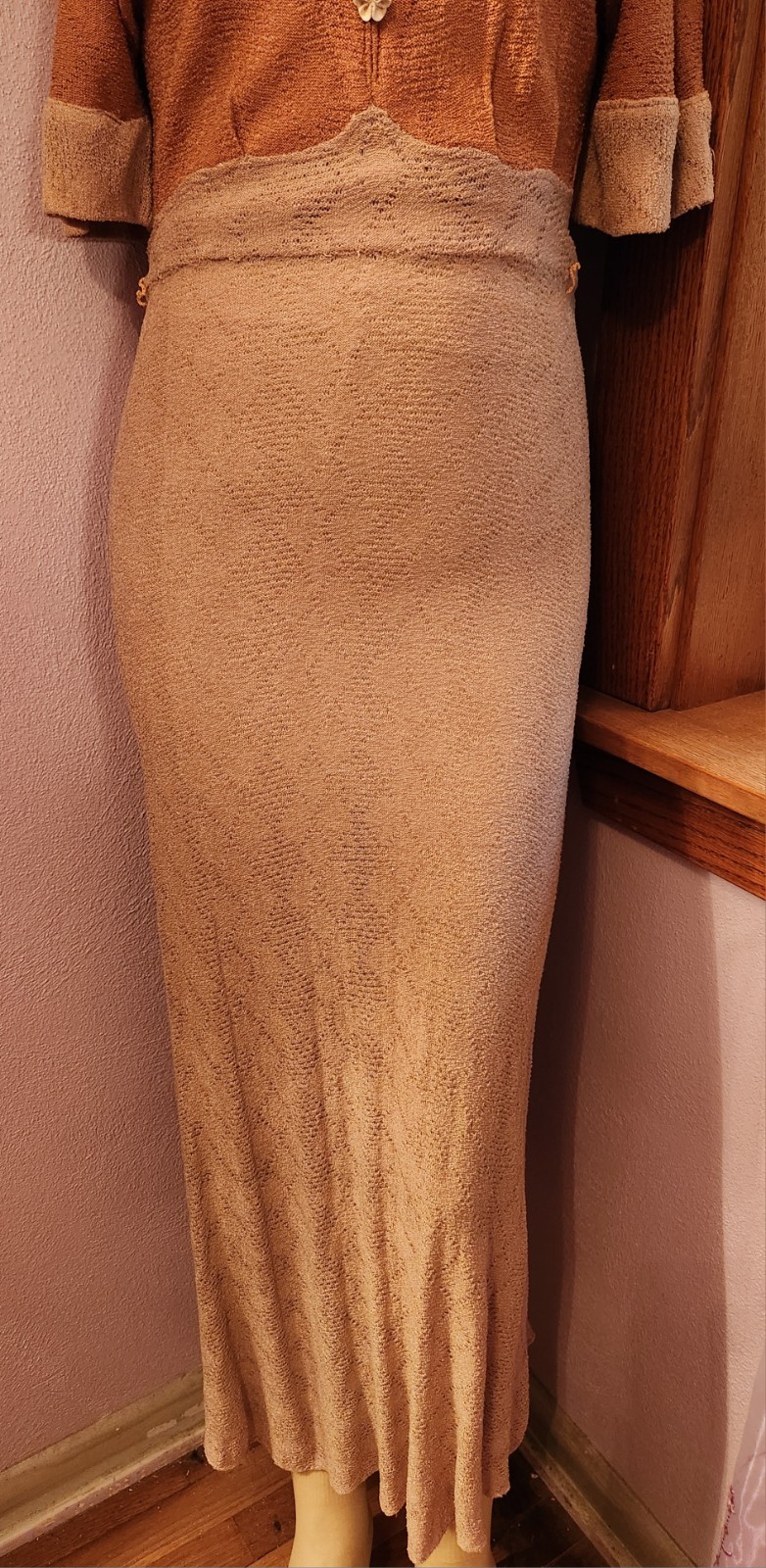 Vintage 1930s Two Tone Tan Knit Rayon Dress S