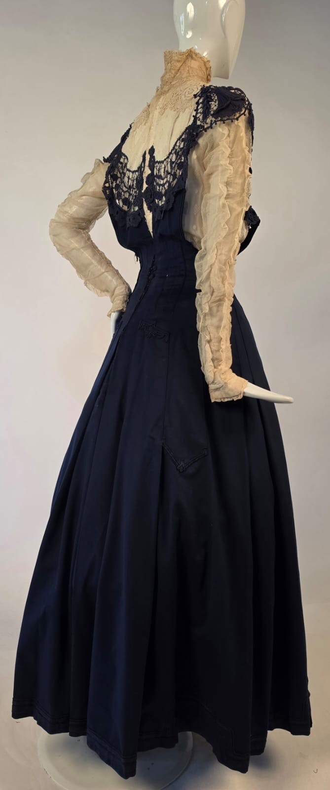 EDWARDIAN BLUE CASHMERE + LACE DRESS W RUCHED IVORY NET SLEEVES