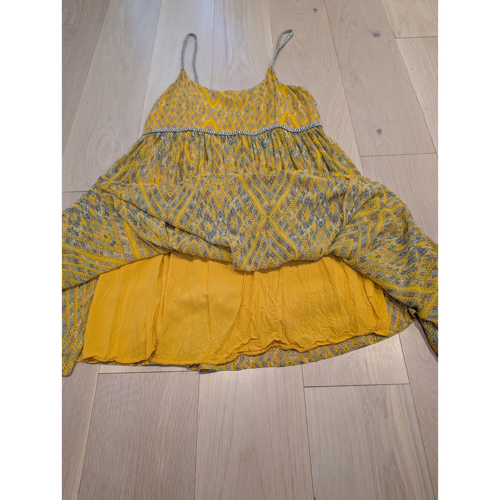 Free People Boho Yellow Geometric Mini Dress Braided Trim Small