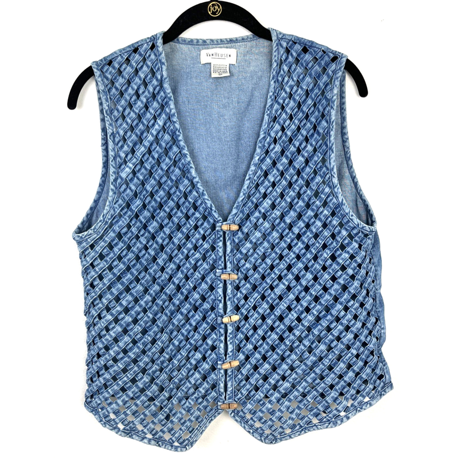 Vintage Woven Lattice Denim Vest Wood Toggle Button Boho Cowgirl Cottagecore M