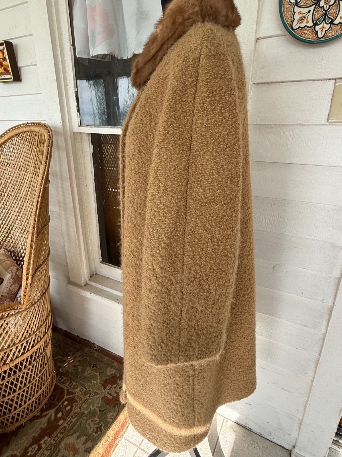 Vintage 50s Carmel Tan Nubby Wool Swing Coat Mink Collar M/L