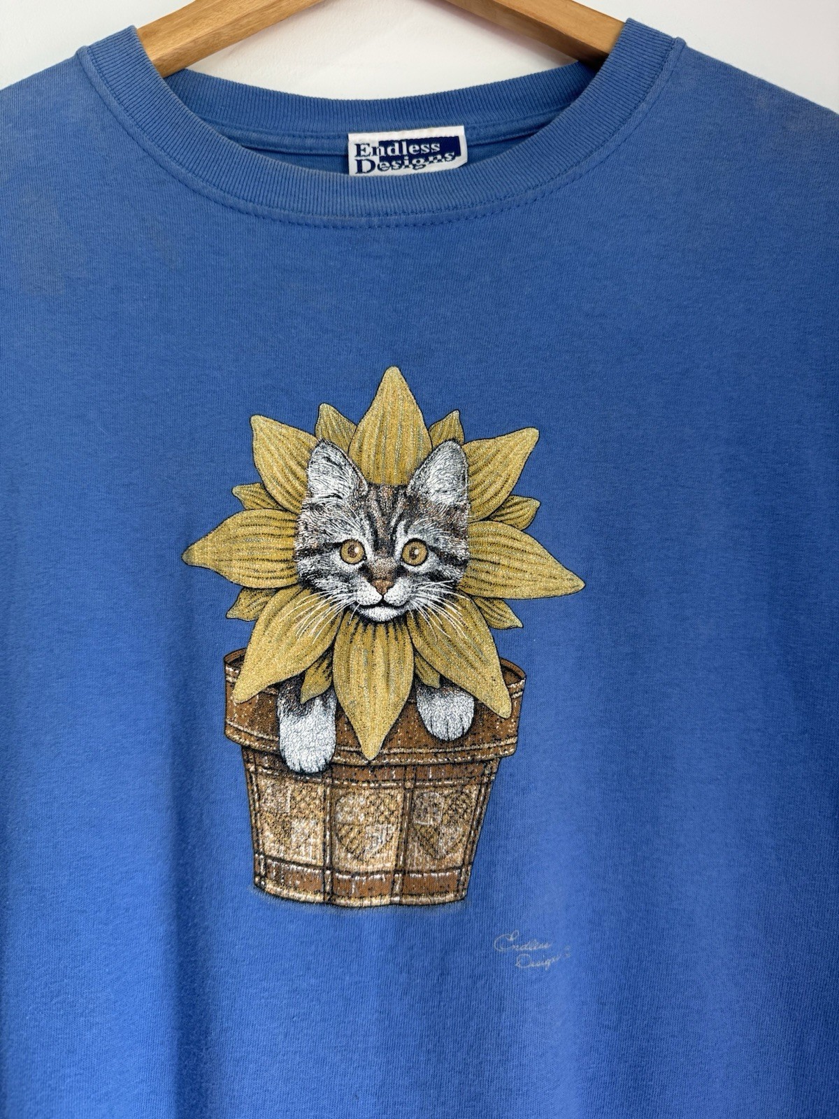Vintage 90s Endless Designs Cottage Core Cat Sunflower Grandma T-Shirt Blue XL