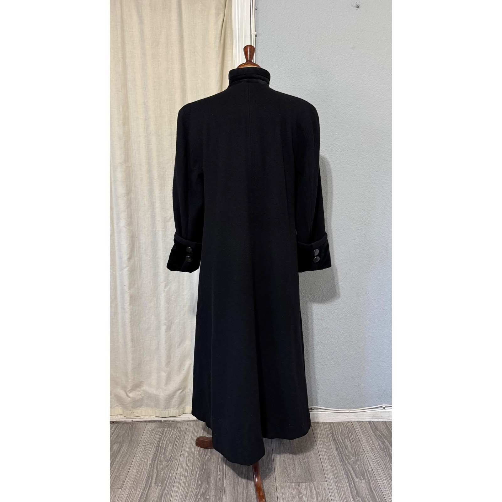Donnybrook Victorian Black 100% Wool Maxi Coat Velvet Trim Mandarin Collar Sz 2