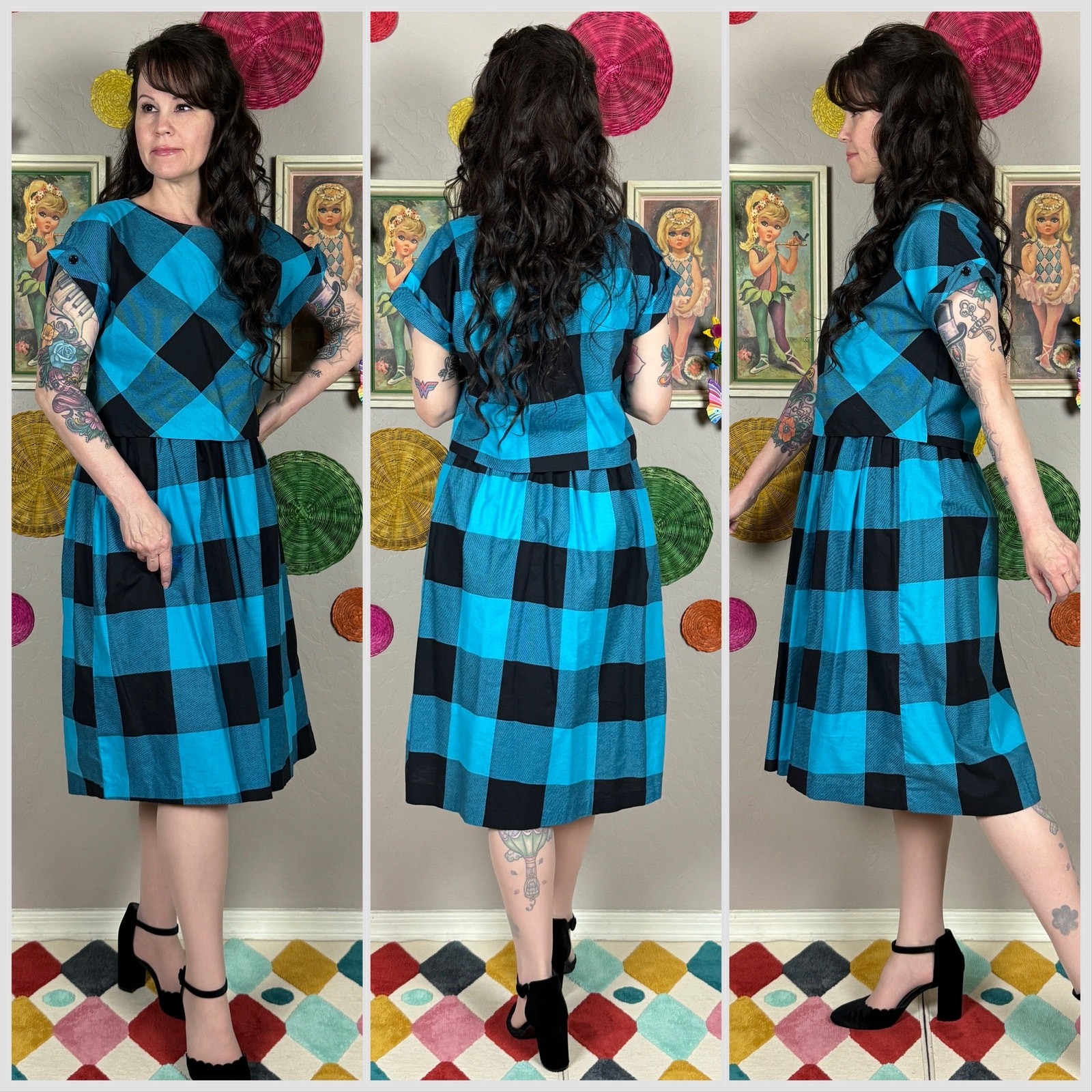 Vintage 1970s Blue and Black Buffalo Plaid Short Sleeve Midi Dress Set | XS/S