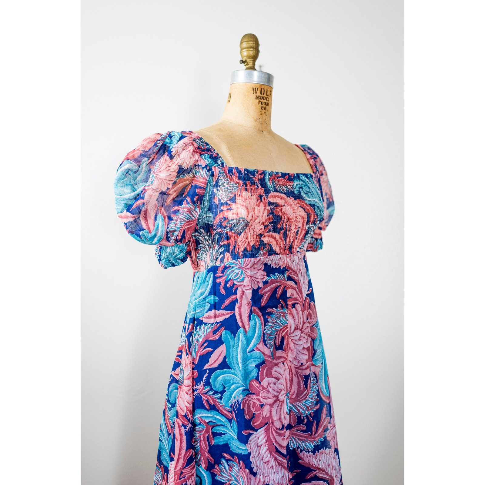 Vintage 70s Puff Sleeve Floral Maxi Dress Pink Blush Blue, Sheer Muslin Gauze XS