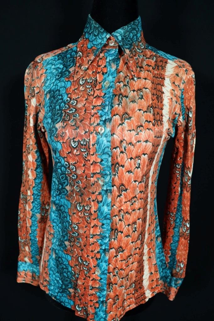 Vintage 1970’s Colorful Silky Poly Feather Print Blouse Size Medium