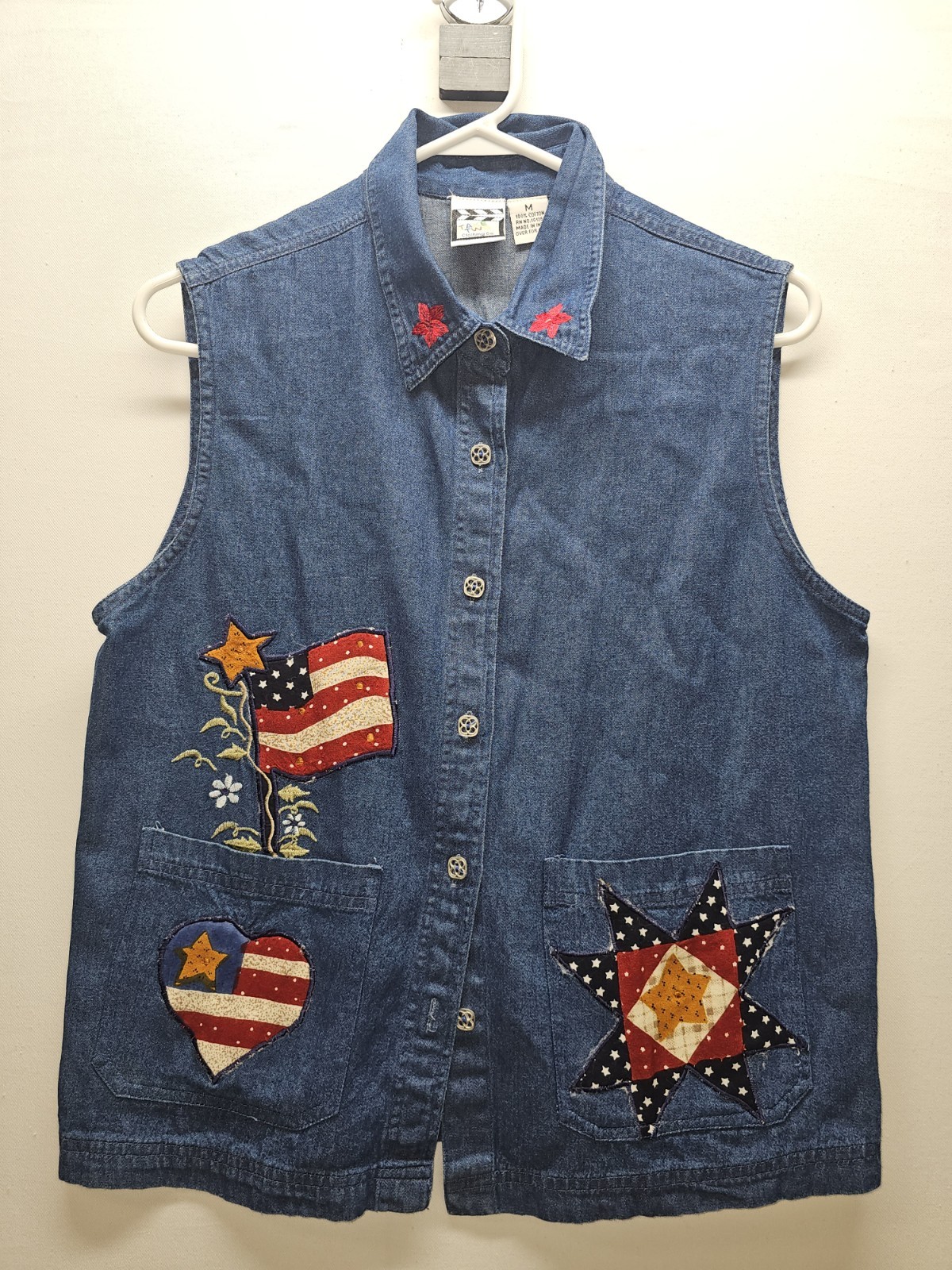 VTG 90s Denim Vest Sz M Patriotic USA Flag Patch Quilt Cottagecore Grannycore