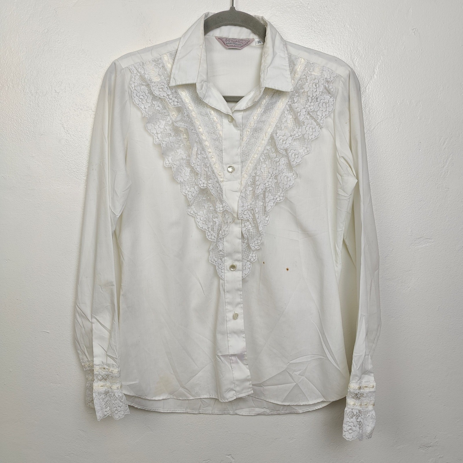 Vintage 70s H Bar C Womens Top 34 Small White Lace Ruffle Western Cowgirl