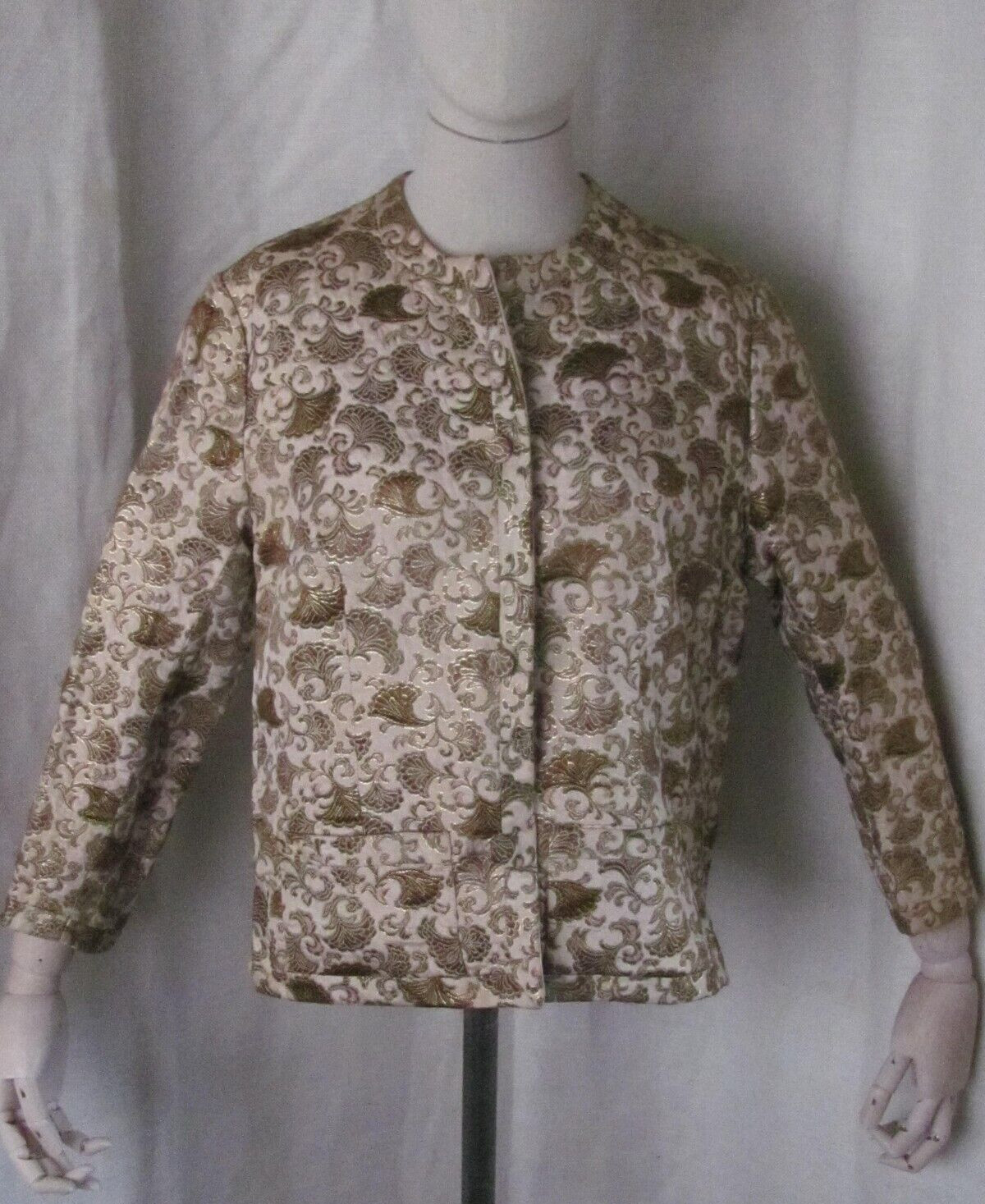 Vintage Green & Gold Brocade Waist Jacket Reversible Beige Satin Side SzM