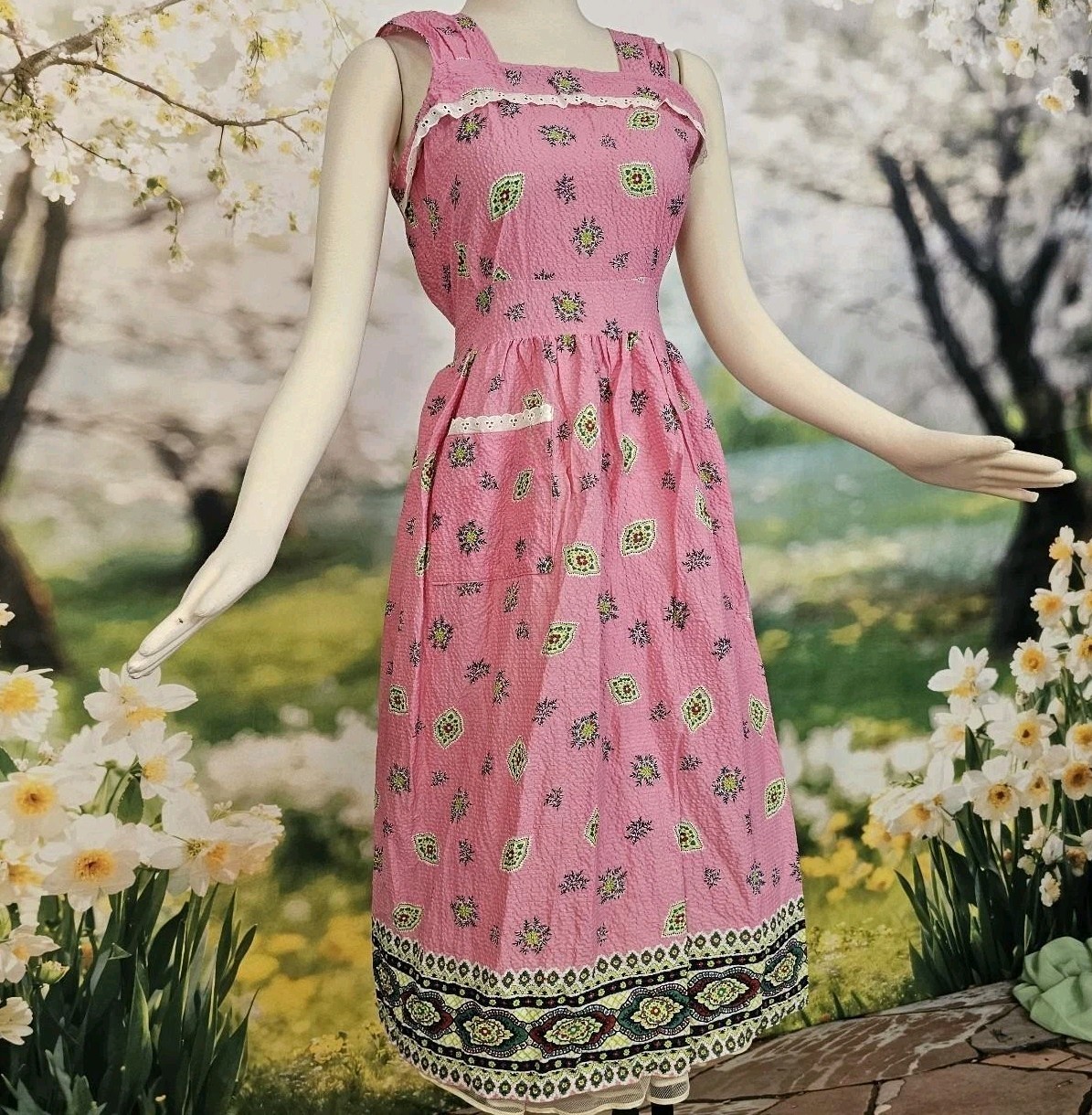 Vintage 1950s Searsucker Bright Pink & Green Floral Dress Lace Trim Sleeveless