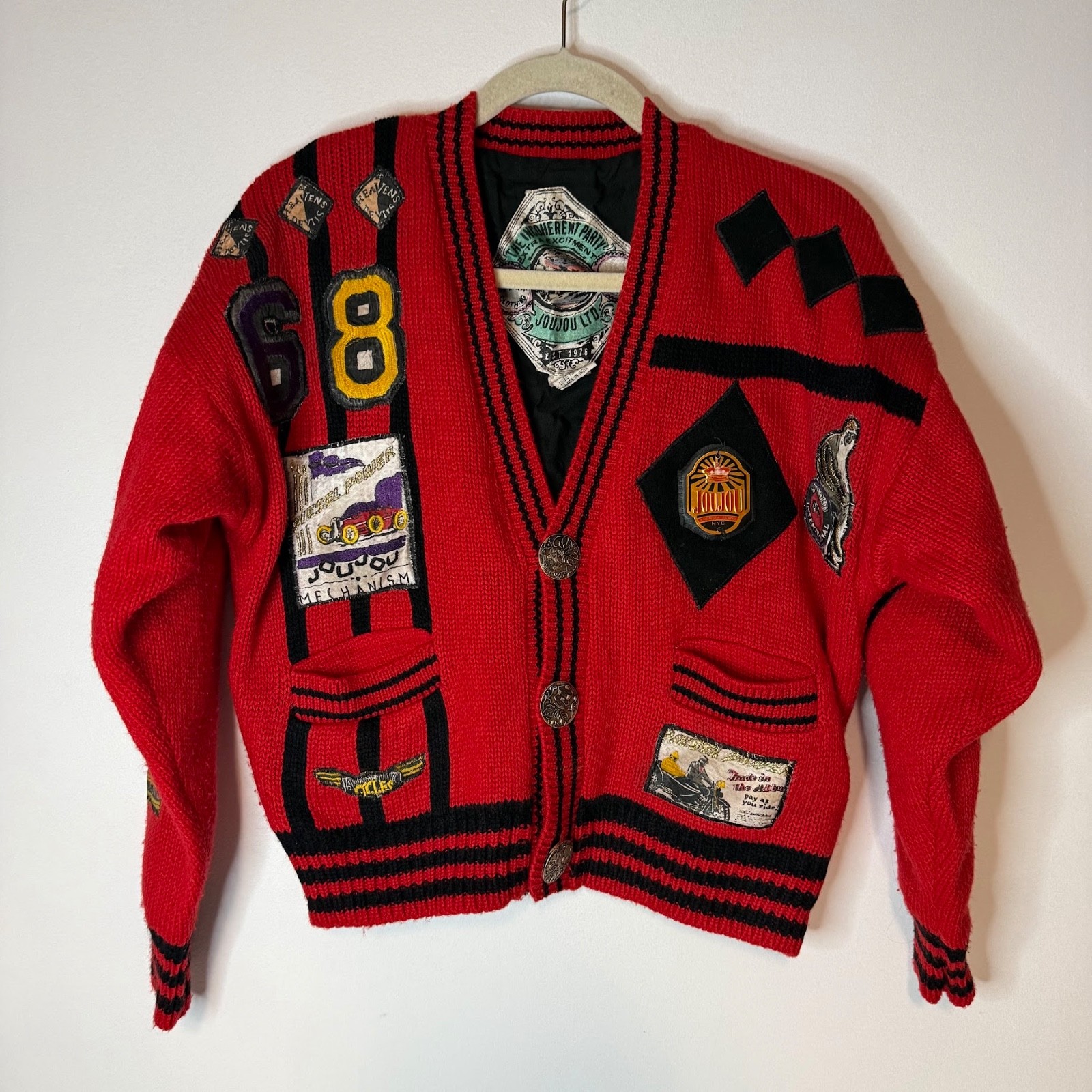 VTG JouJou 80s 90s Heavens Devils Moto Patches Cardigan Chunky Womens M