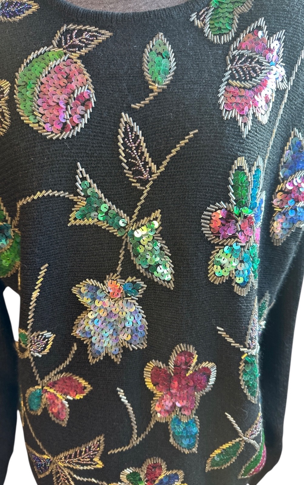90s Vintage Gladys Bagley Womens Small Floral Sequin Beaded Holiday Knit Sweater