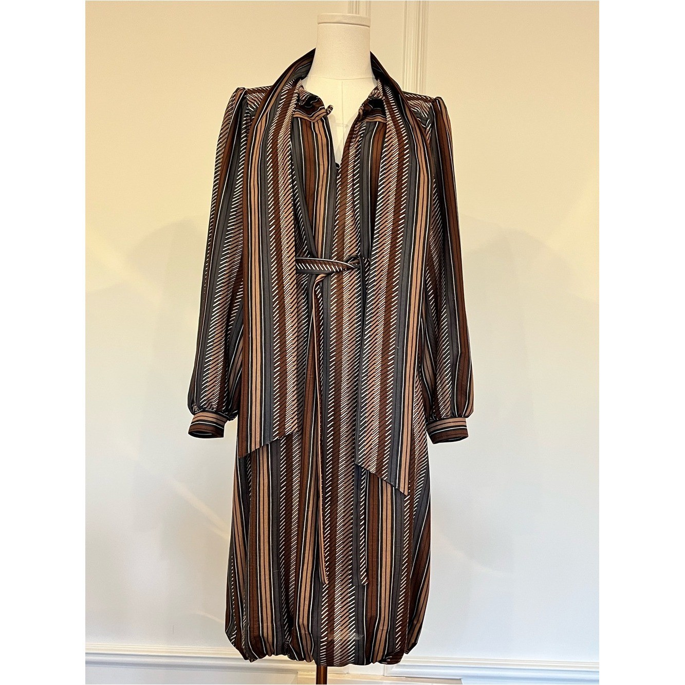 Vintage 70s Secretary Dress Brown Stripe Bow Scarf Neck Belted Blouson