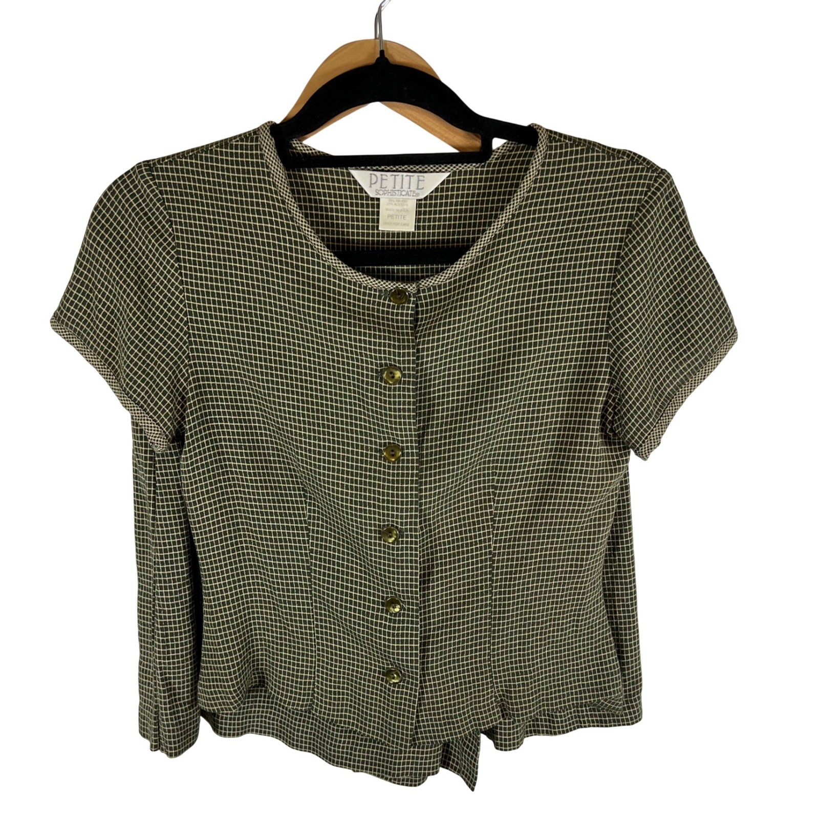 Petite Sophisticate Vintage 2 Piece Skort Set Olive Green Grid Plaid Blouse 90s