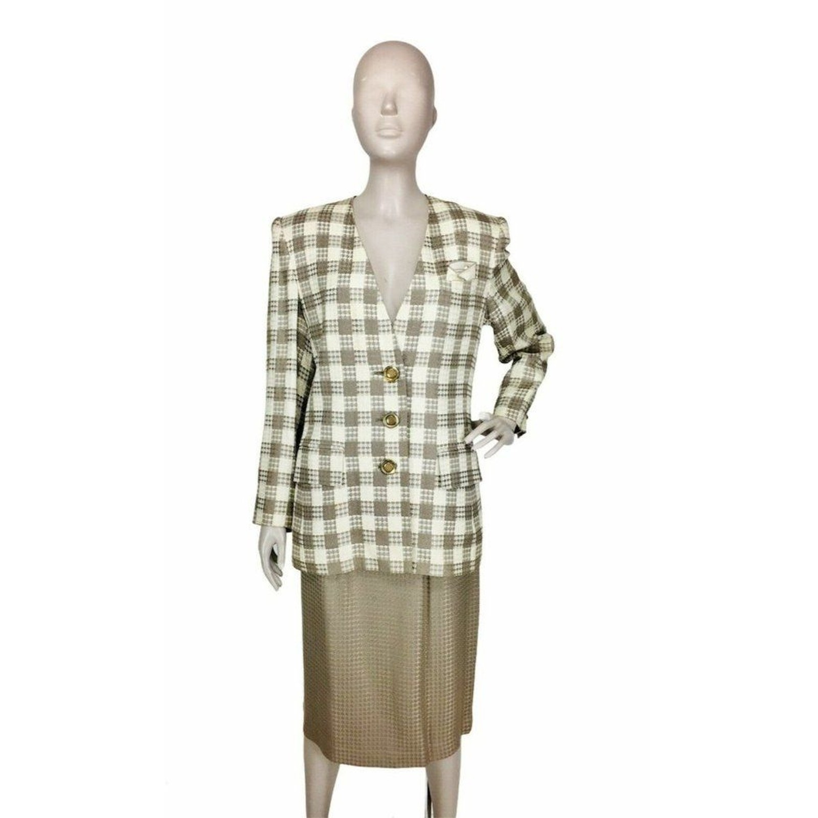 Vintage 80’s High Shoulder Tweed Houndstooth Blazer & Pencil Skirt Business Suit