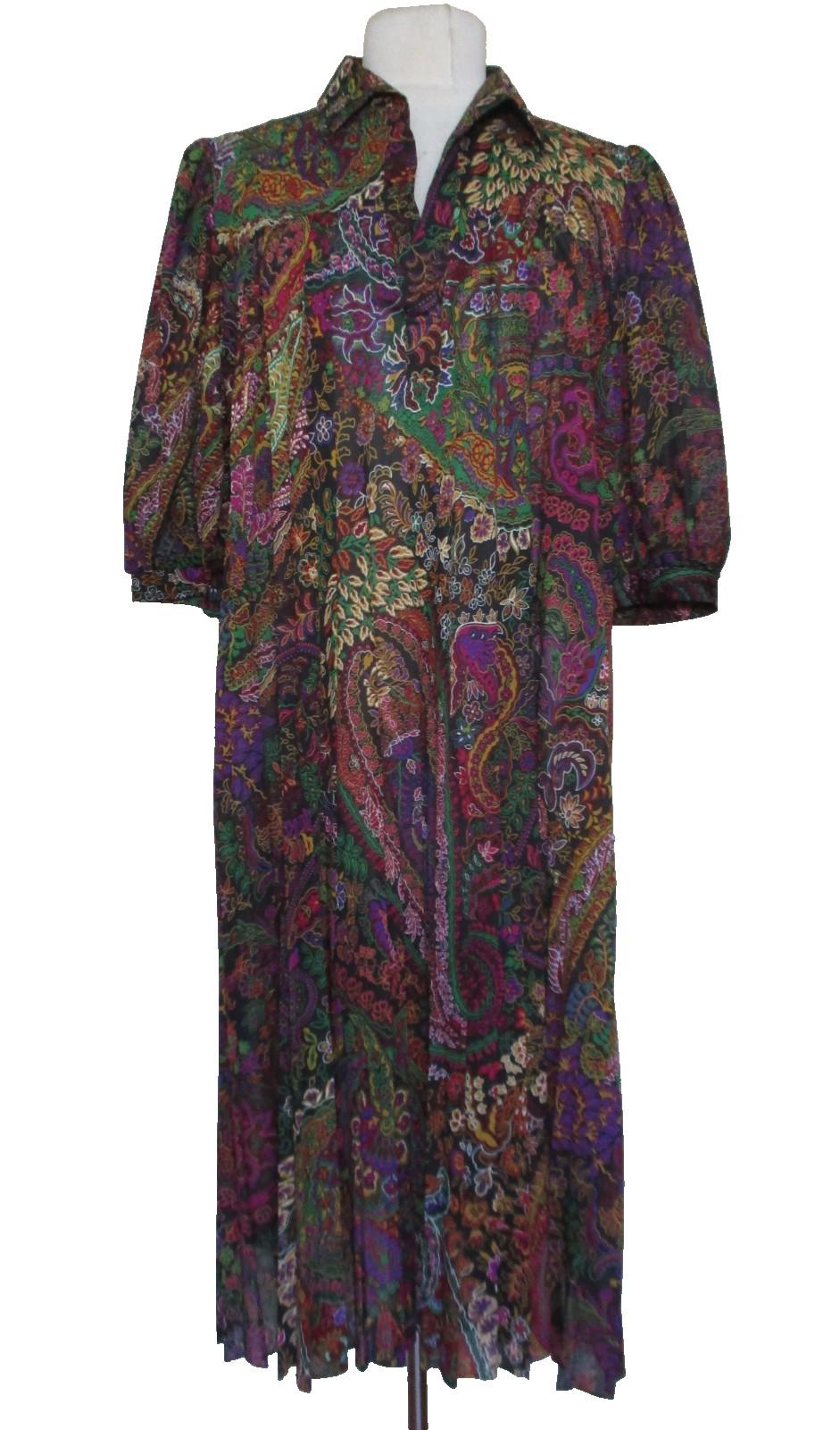 Vintage 70s Anjac Fashions California BoHo Pleated Polyester Multicolor Paisley