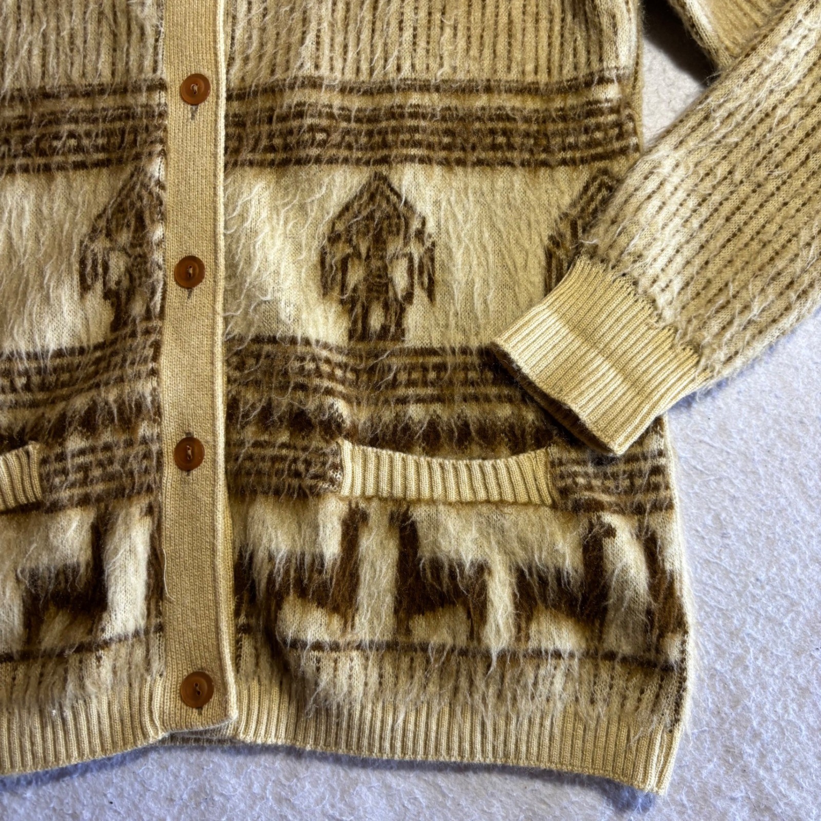 Vintage Ogniotex Llama Alpaca Wool Shaggy Fuzzy Cardigan Sweater XL Collar Brown