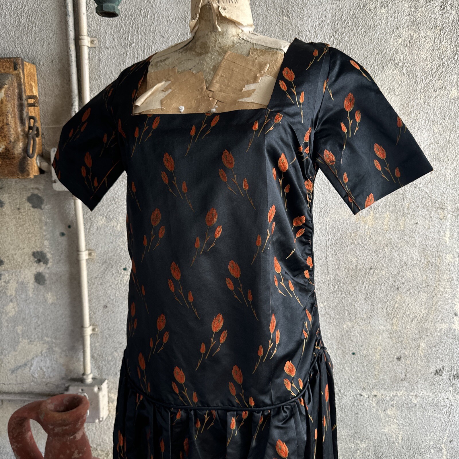 Antique 1920s Orange Tulip Silk Brocade Dress 1890s Fabric Full Length Vintage