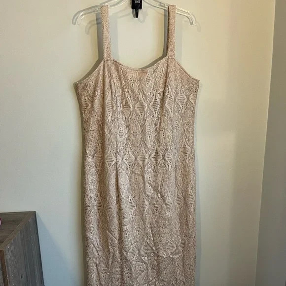 ONYX NITE Wendye Chaitin Vintage Gold Beige Lace Evening Dress with Fringe Trim