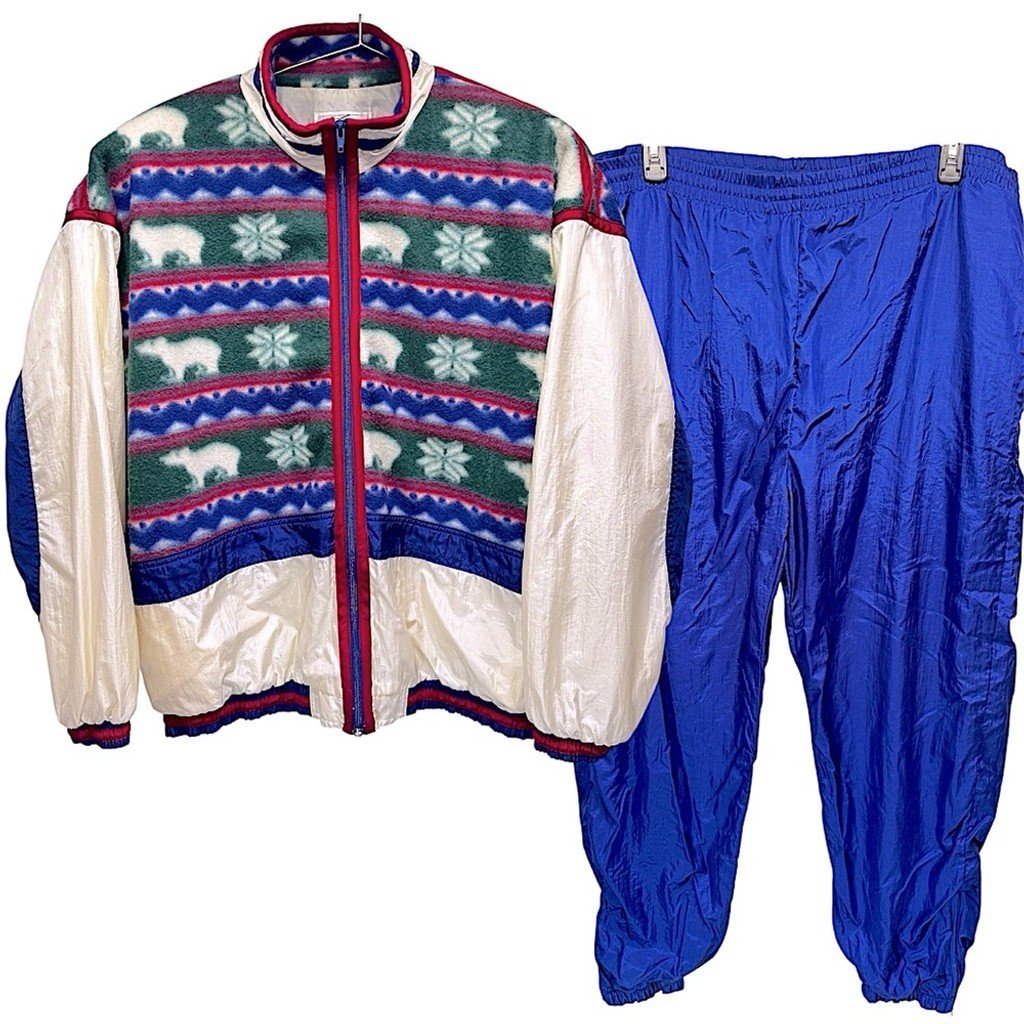 Vintage 80s Satin & Fleece Tracksuit Parachute Pants Oversized Zip Front Jacket