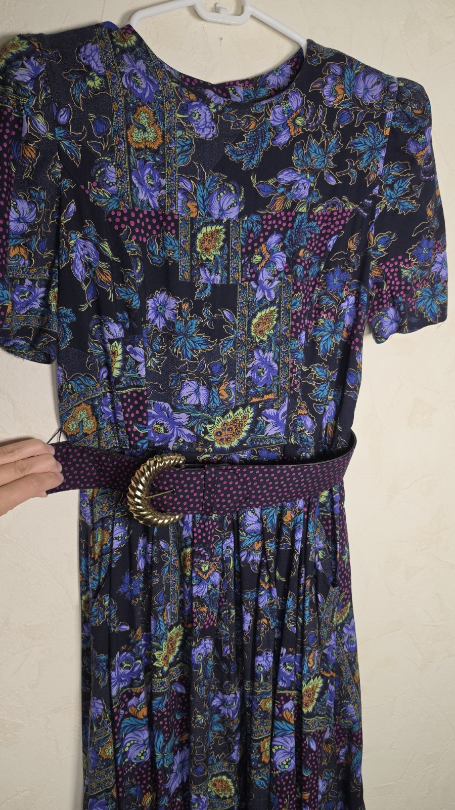 Vintage 80s 90s Jessica Howard Dark Floral Patchwork Midi Dress with Belt Size 6