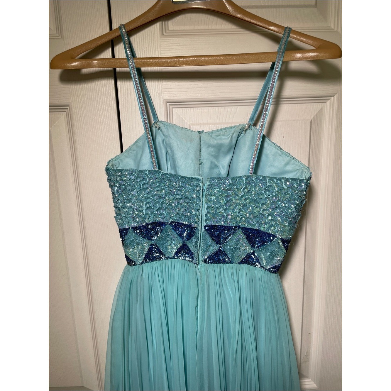 EUC Vintage 60s 70s Mike Benet Aqua Sequin Chiffon Sleeveless Maxi Dress Size 00