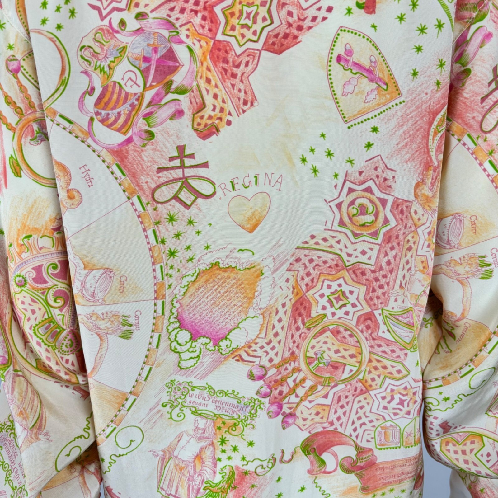 Vintage 70s Novelty Print Top Women’s Large Zodiac Orange Pink Button Down Blous