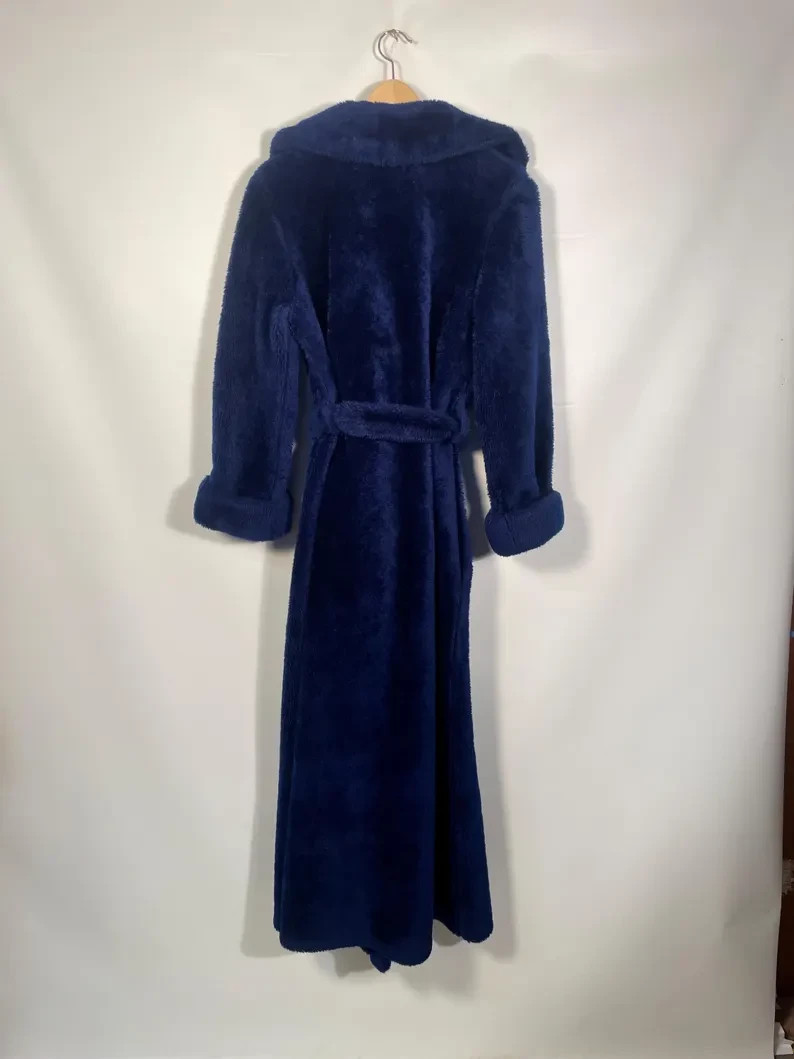 Vintage 1970s Plush Fuzzy Dark Blue Robe Made In USA Size M
