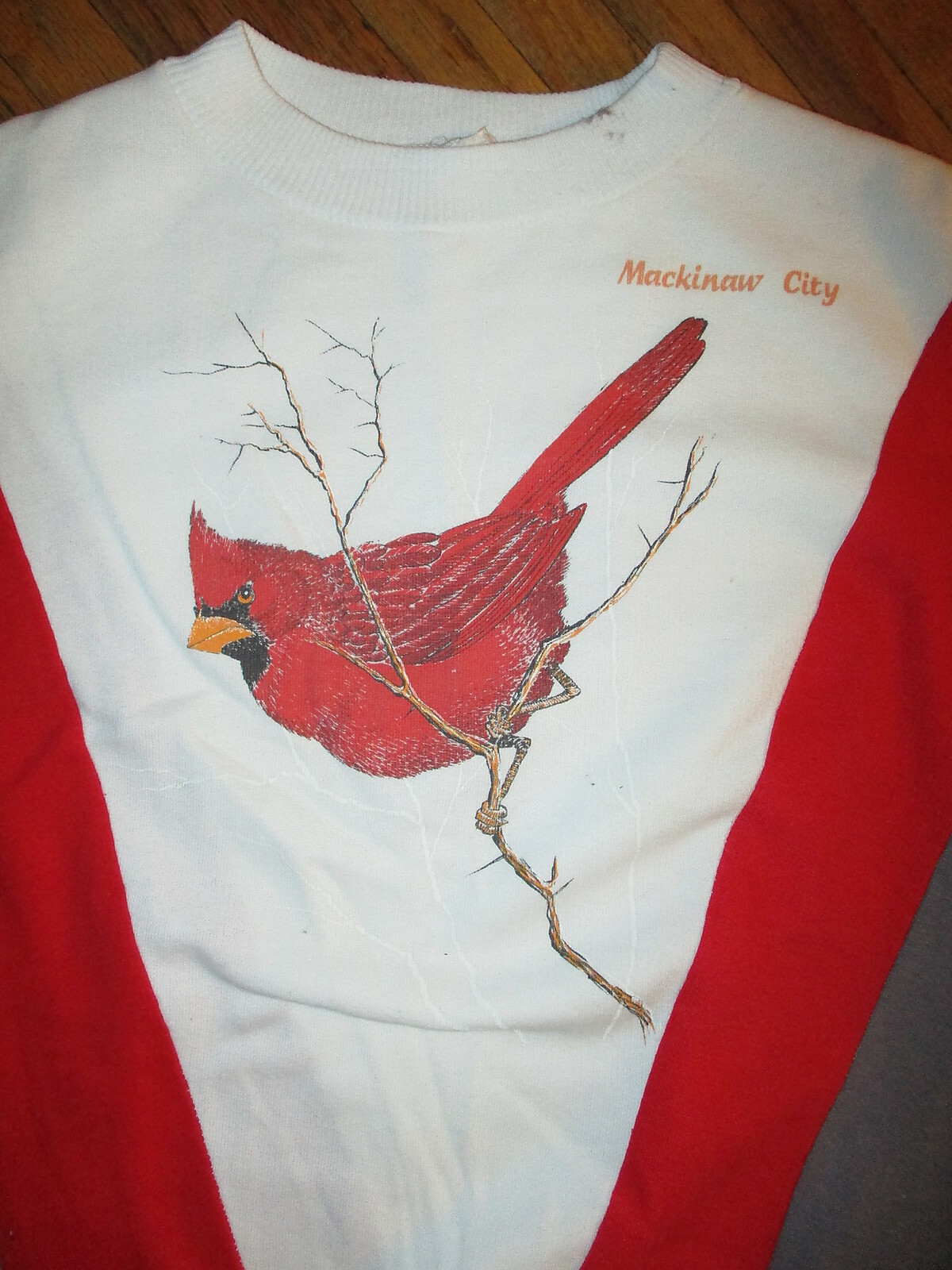 vtg 1980s MACKINAW CITY SWEATSHIRT Red White Cardinal Birding Short SMALL