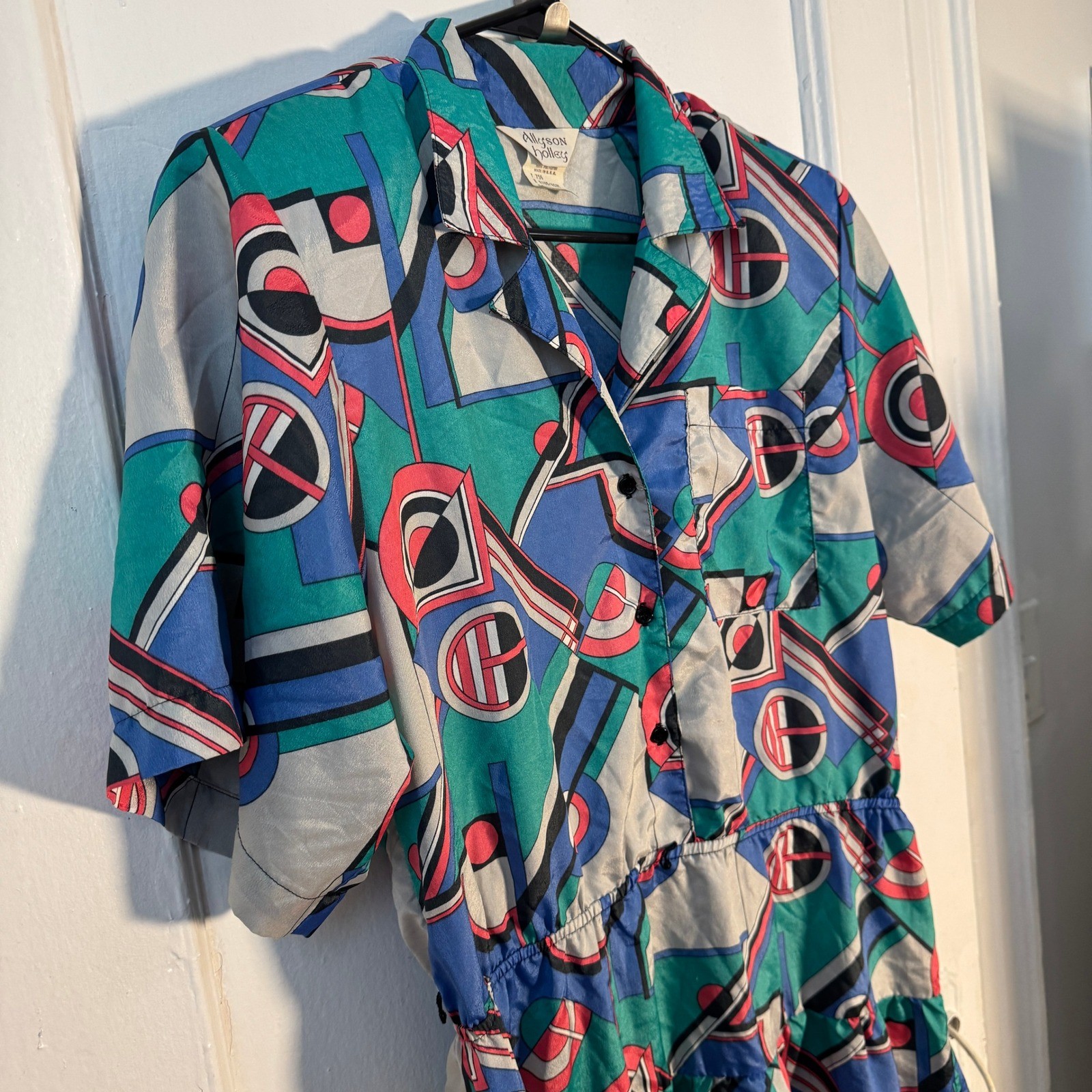 Memphis Vtg 80s Dress Geometric Allyson Holley Abstract Teal Blue L Maximalist