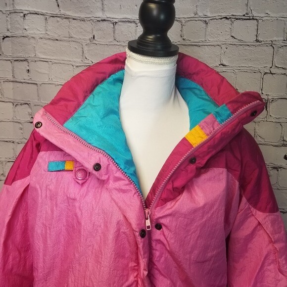 vintage 80s Robbe Magic pink ski snow jacket ladies womens colorblock bright