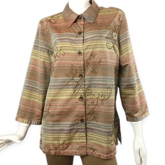 Vintage Koret City Blues Large Brown Silk Shirt Multi Color Striped Blouse