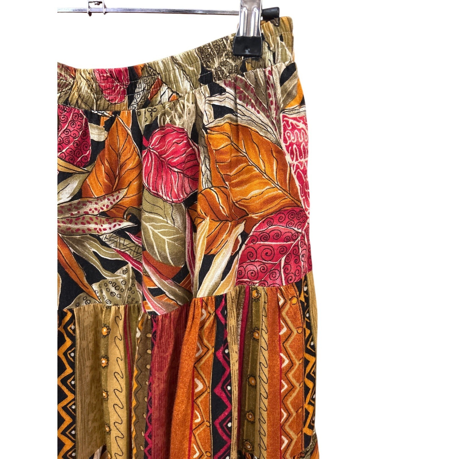 90s Stephanie Thomas Sport Maxi Skirt Boho Tropical Patchwork Tiered Rayon 12