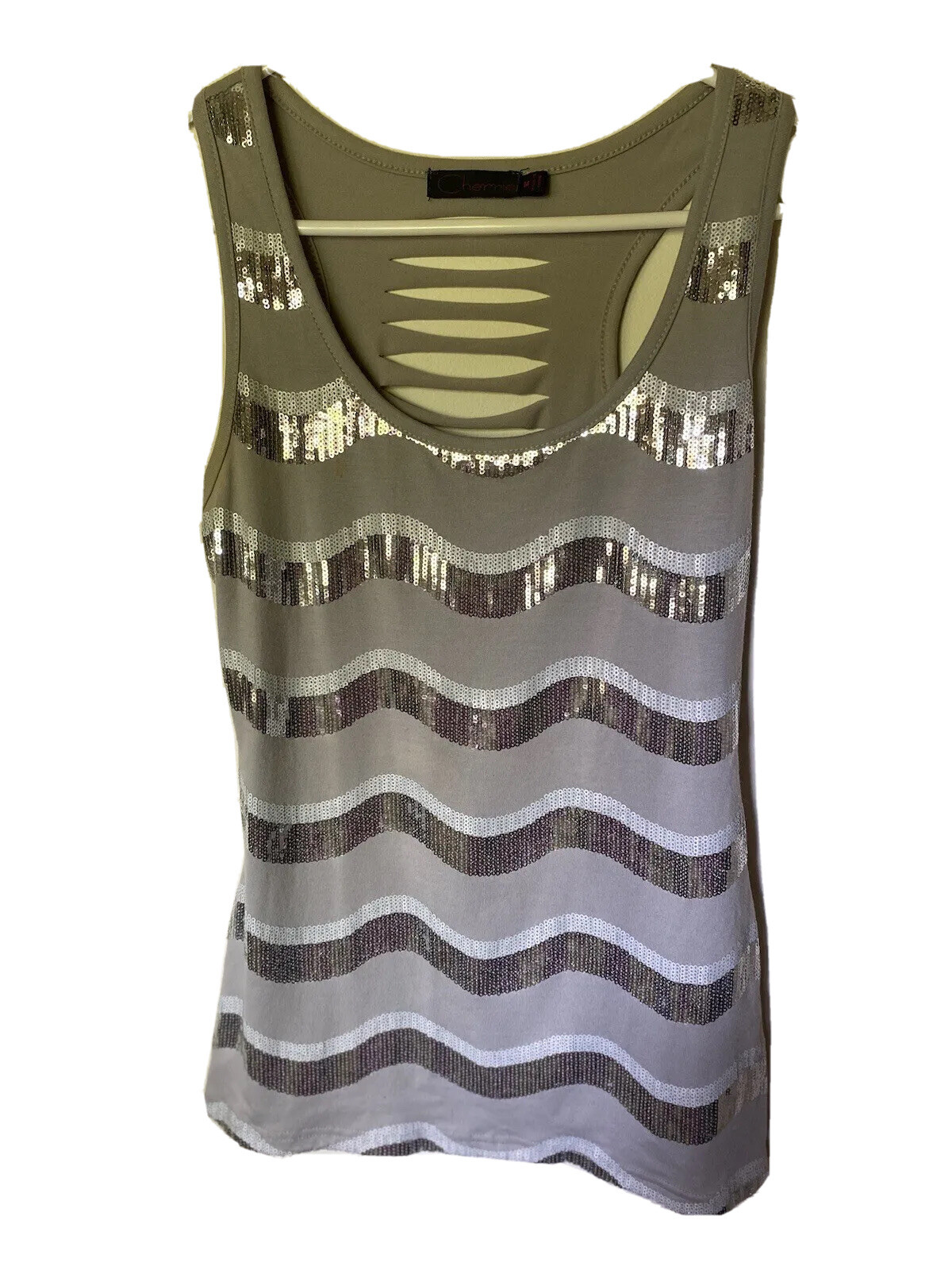 Vintage ( Y2K Cherrie ) Sequins Viscose Spandex Tank Top Size M Slits at back
