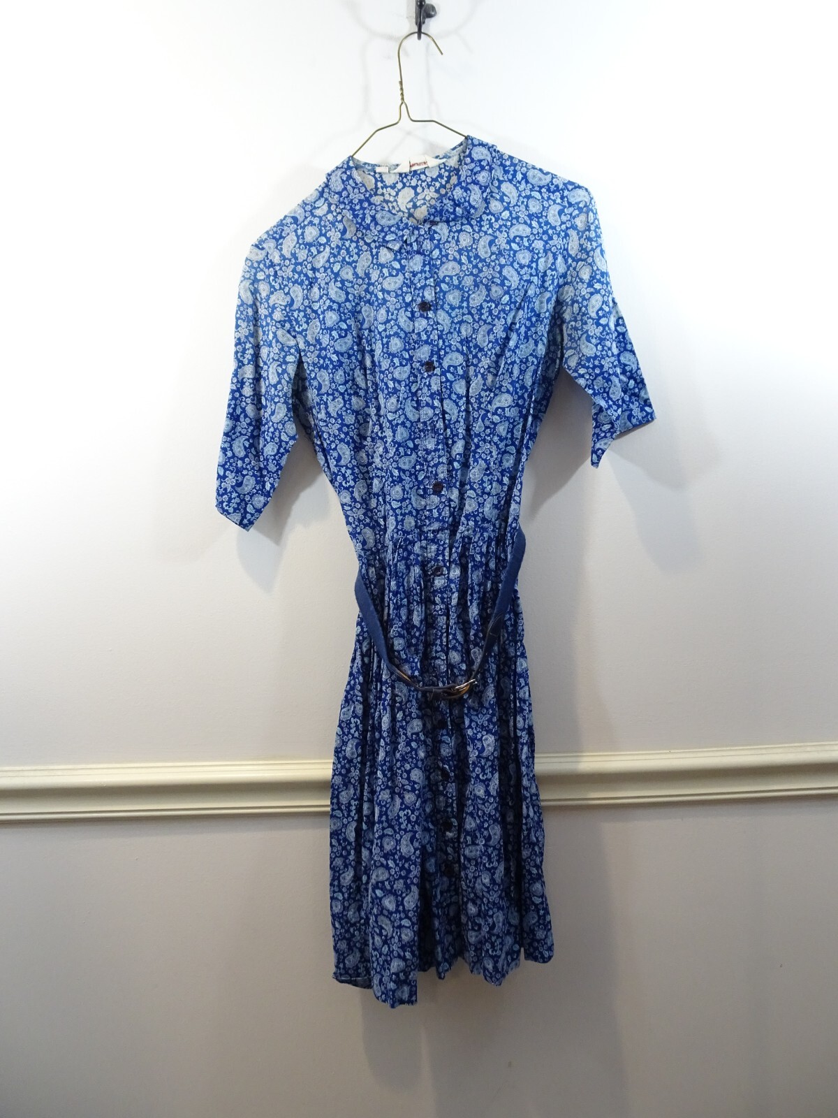 1950’s Country Miss Blue Shirt Dress Size 12 Paisley Print Belted Housewife
