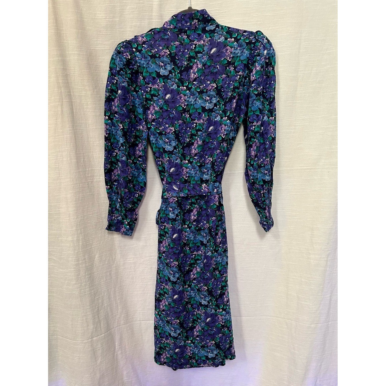 Vintage Circa 1980’s Floral Midi Dress in Purple & Teal with Bow Tie Waist