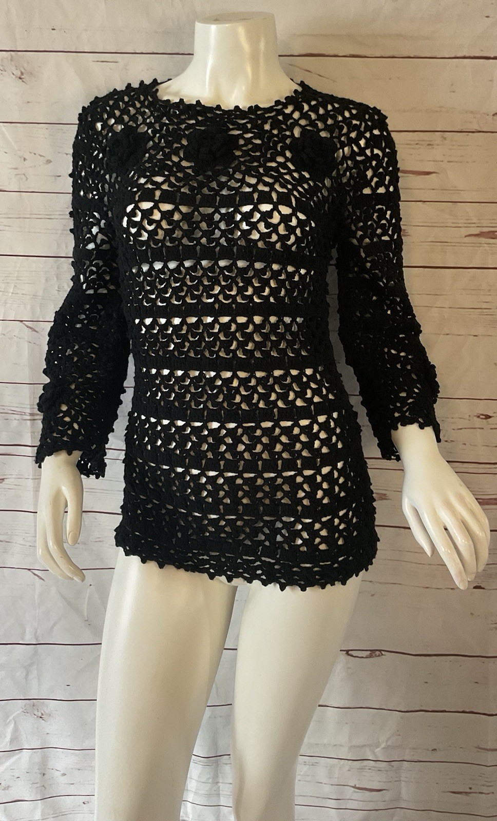 1970s True Vintage Leroy Califorina Black Hippie Crochet Top Bell Sleeve S