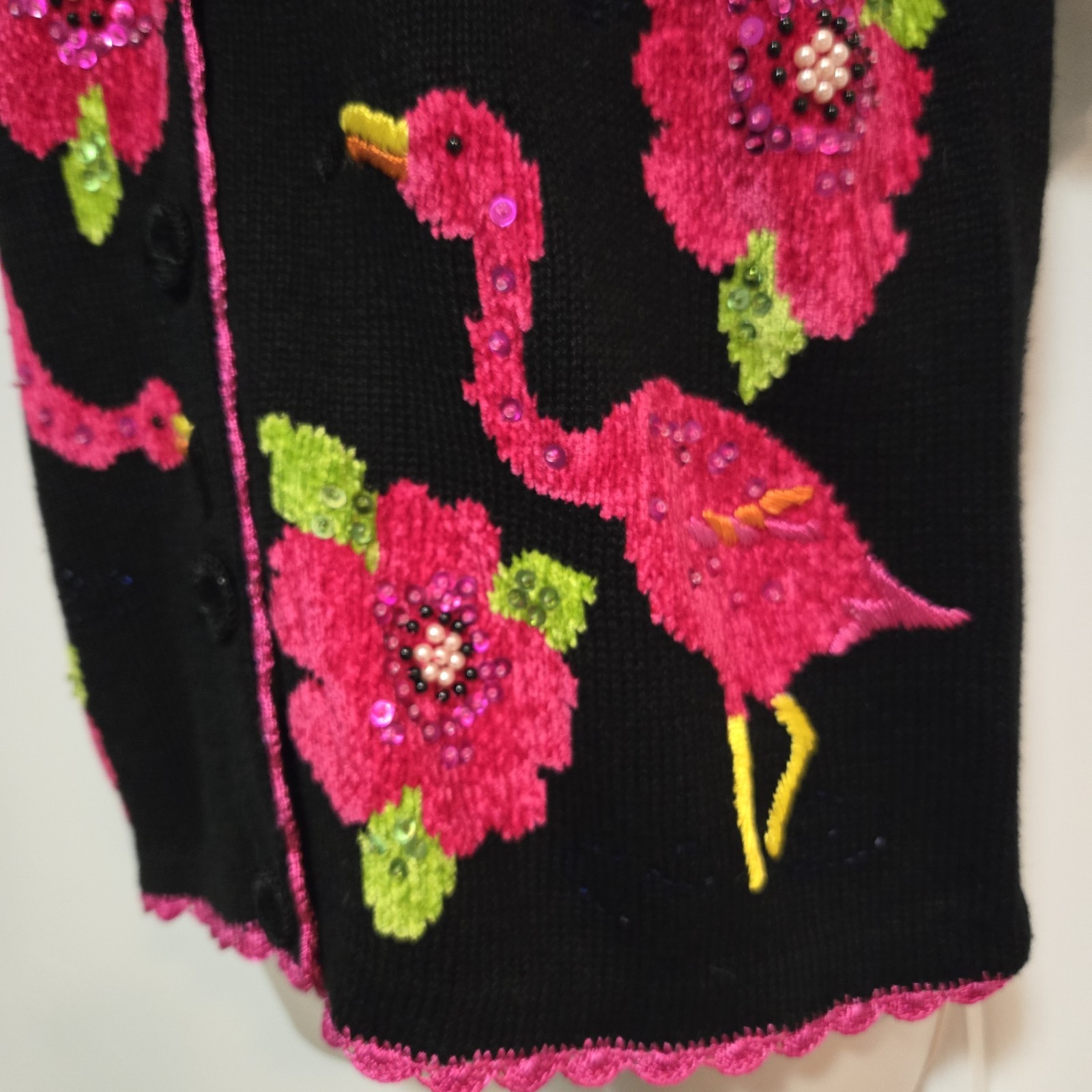 Victoria Harbour Size S Cardigan Sweater Black Pink Flamingo Beaded NEW