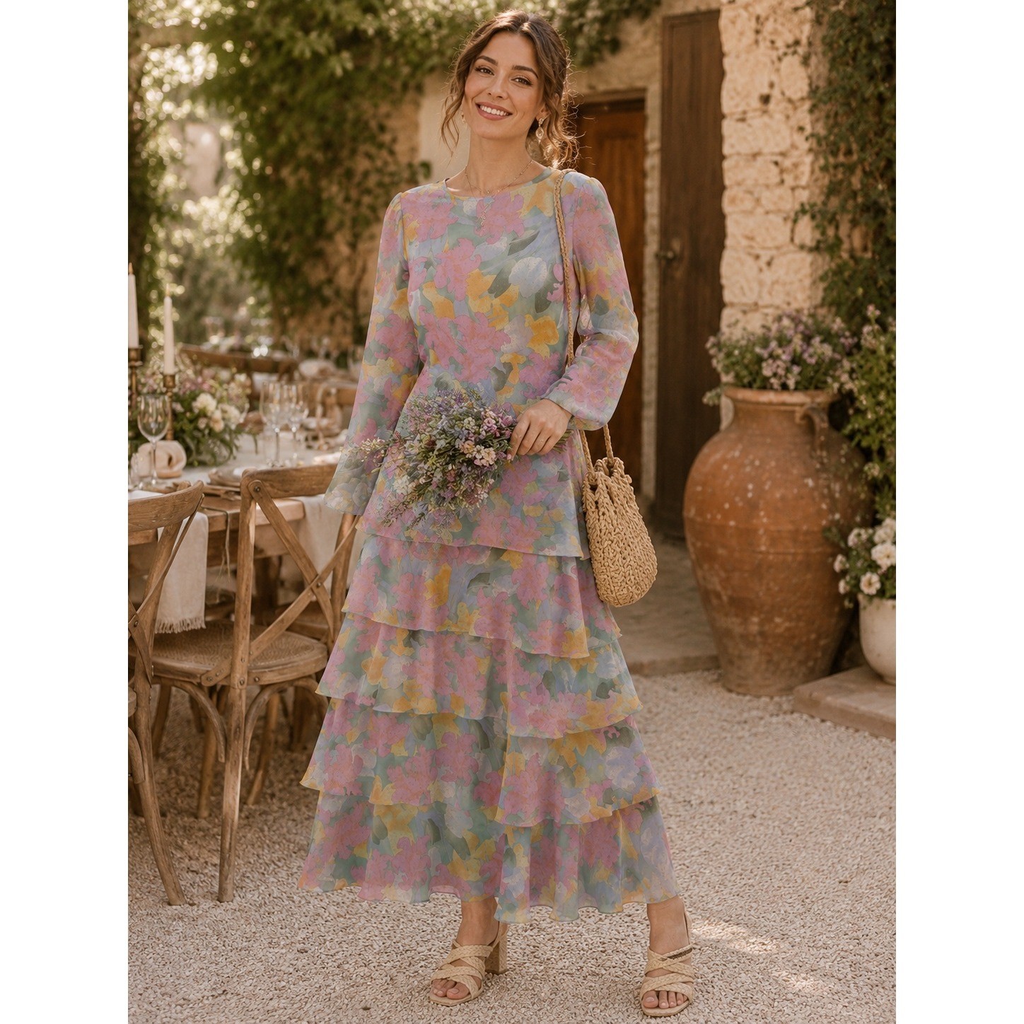 Boho Luxe Cottagecore Y2K Anne Crimmins Silk Floral Tier Vintage 10 Maxi Dress