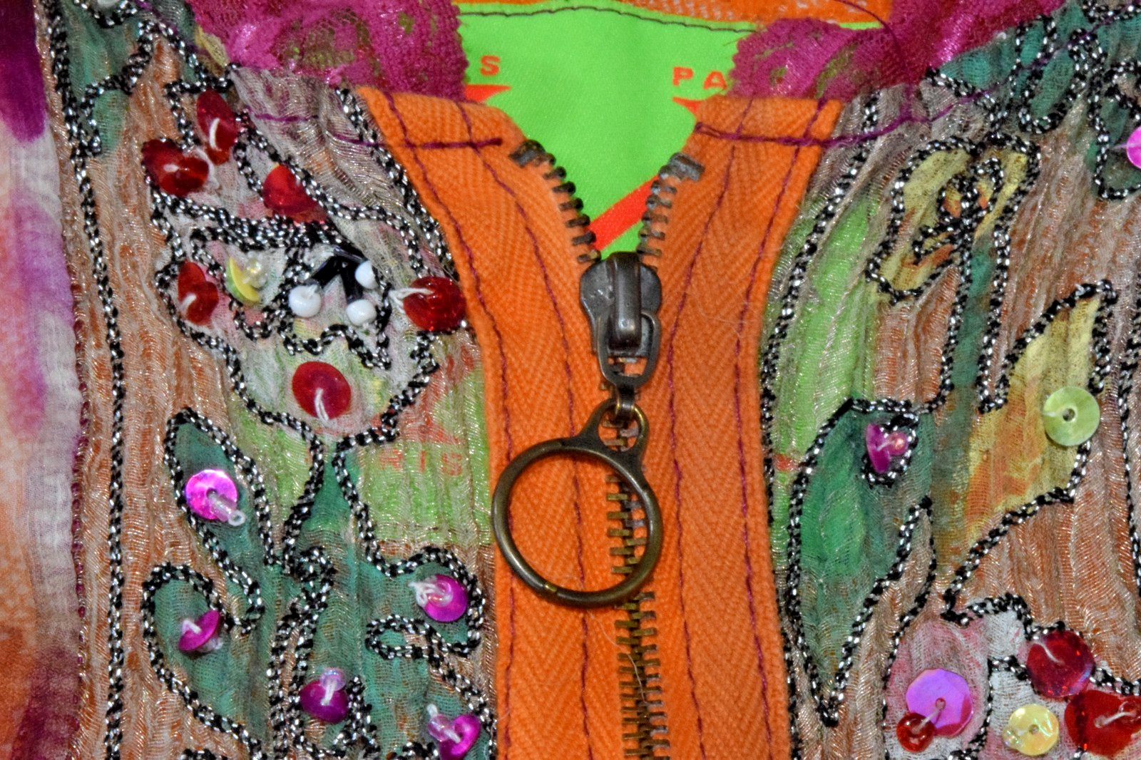 Vintage Top WooXooM Paris Size S Y2K Colorful Sheer Lace Patchwork Zip Front