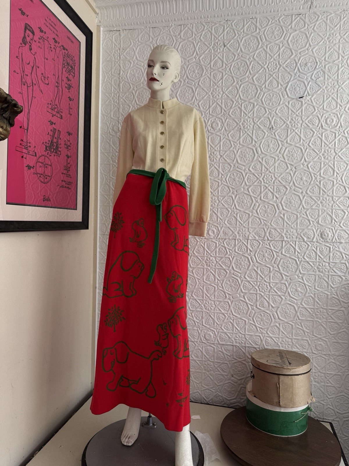 Vintage Deadstock Vested Gentress Maxi Dress-Briney Bear-Dog-Puppy Red Size 12