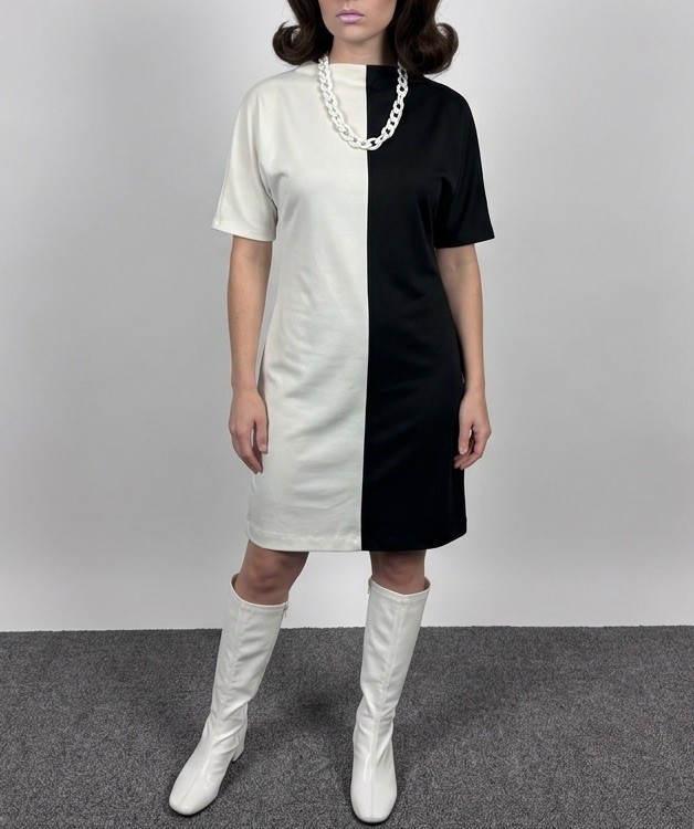 Vintage Miss Oops California Color Block Dress Black White Split Tone Mod 70s 80