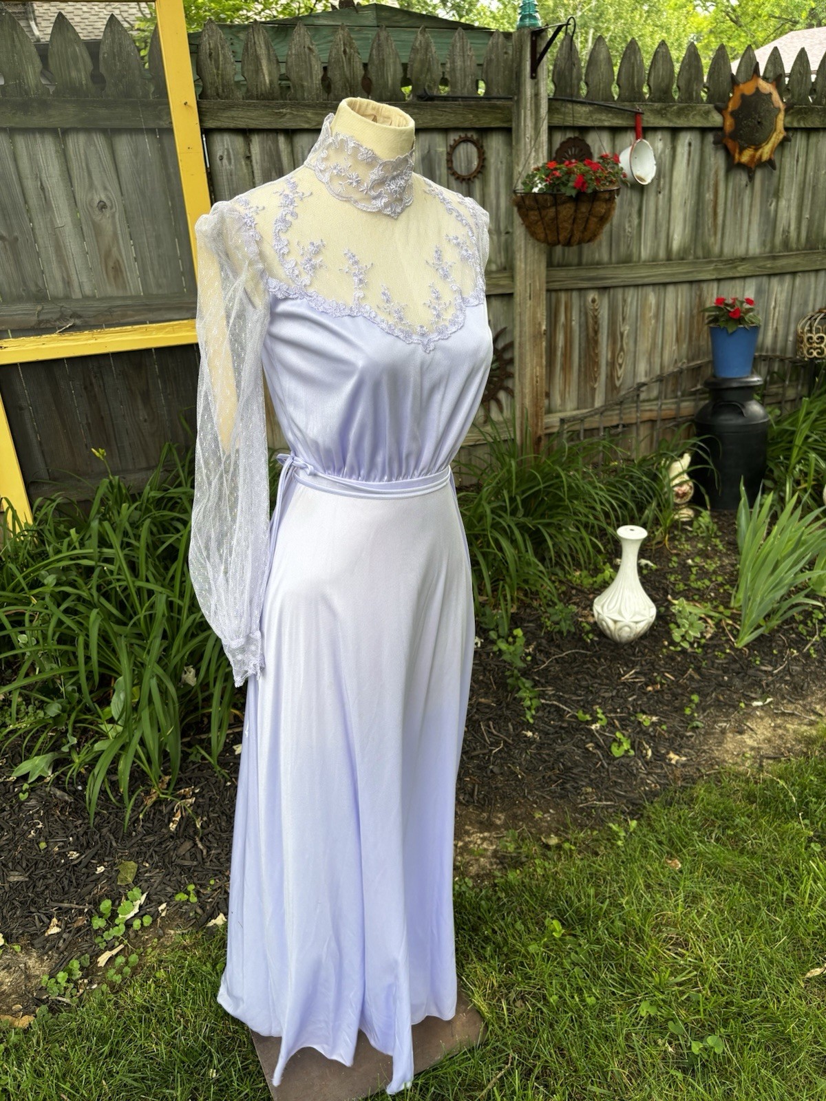 VTG 70s Dress Maxi Polyester Formal Bridesmaid Wedding Purple Sheer Eve Milady