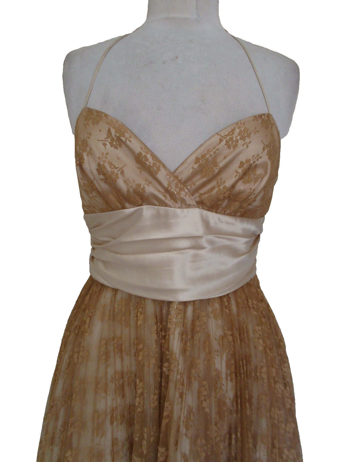 Vintage Betsey Johnson Gold Pleated Lace Halter Dress Size 6 Women