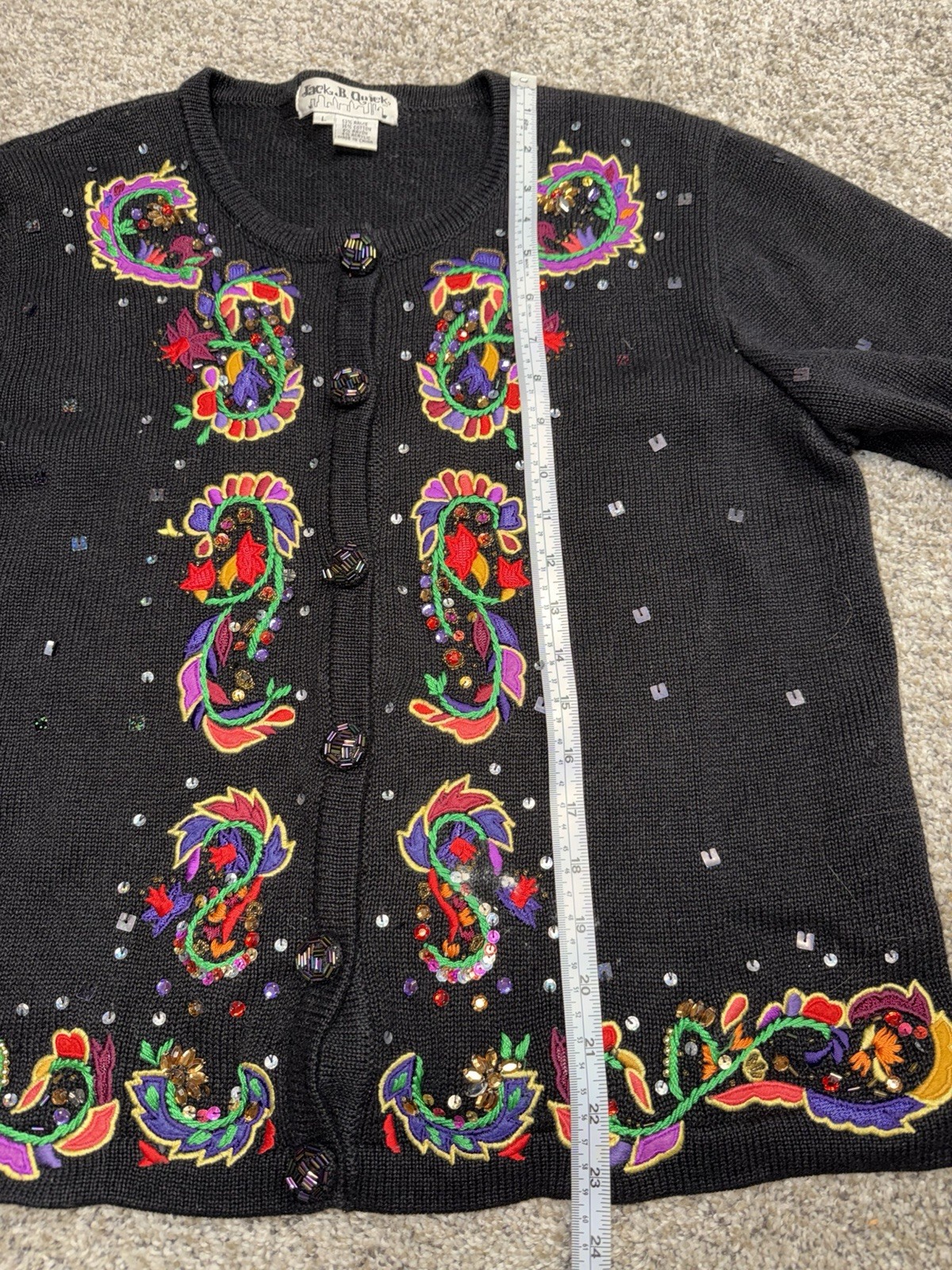 Jack B Quick Button Cardigan Sweater Size Large Sequins Beads Rhinestones Black