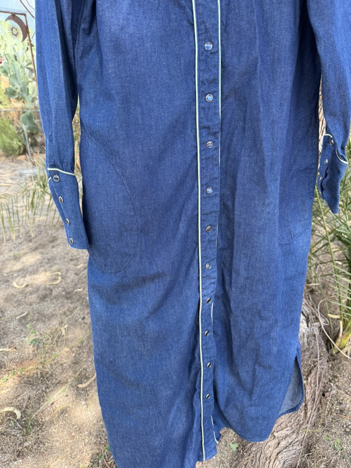 Vtg 70s Salaminder Kansas City Western Dress RARE Pearl Snap Flowers Blue Denim