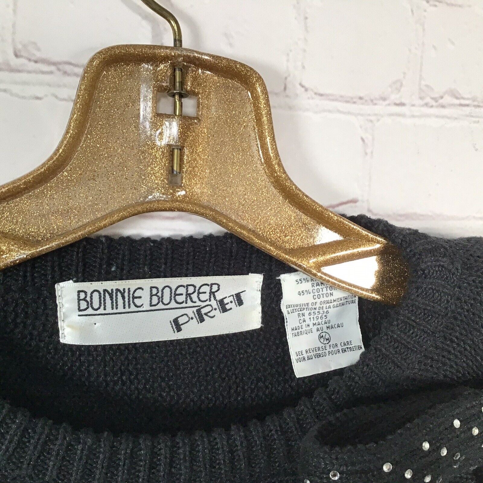 Vintage 80’s Oversized Black Rhinestone Bow Sweater Bonnie Boerer Batwing
