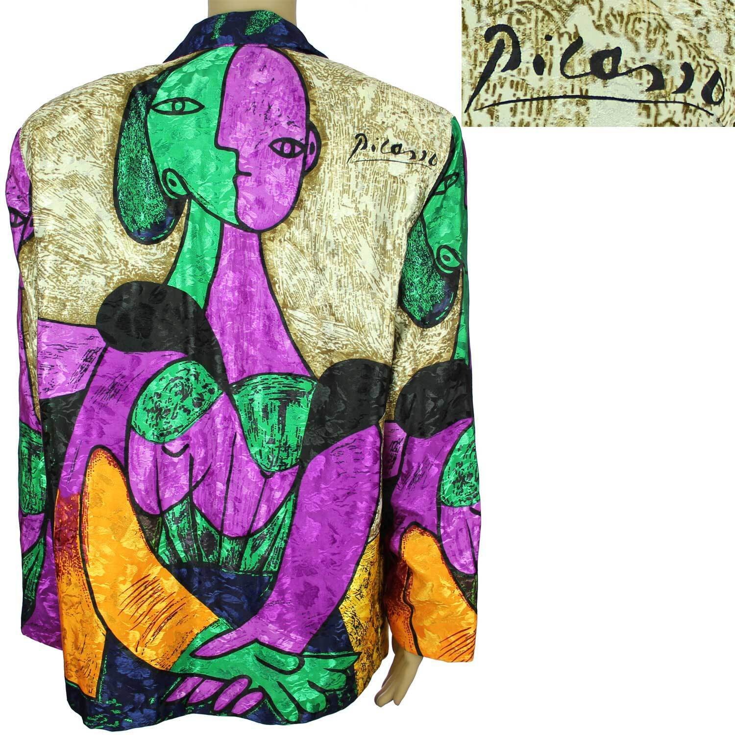 Vintage Satin Blazer Jacket PICASSO Double Face All Over Cubist Print 1980s XL