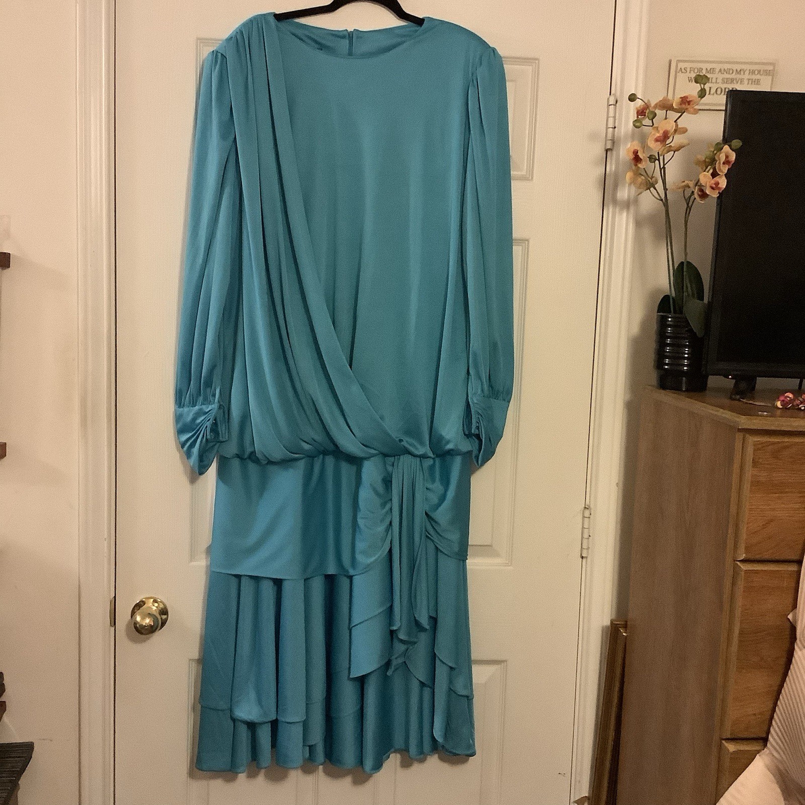 Jovani Vintage 1980’s Teal Cocktail Dress With Drape Bodice & Tiered Skirt Sz 18