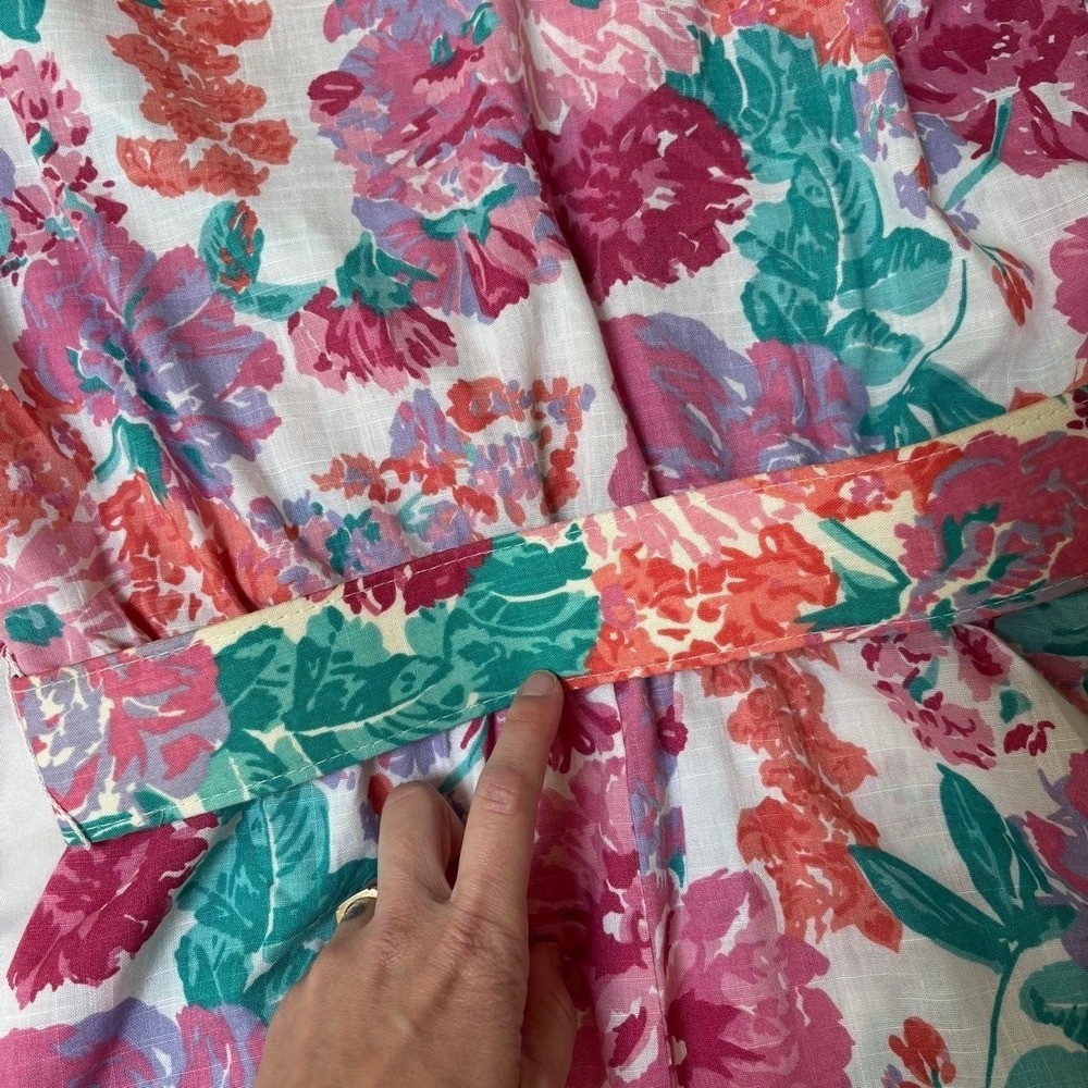 Pink, blue and white floral dress white lace collar belt VTG 80s Leslie Fay M